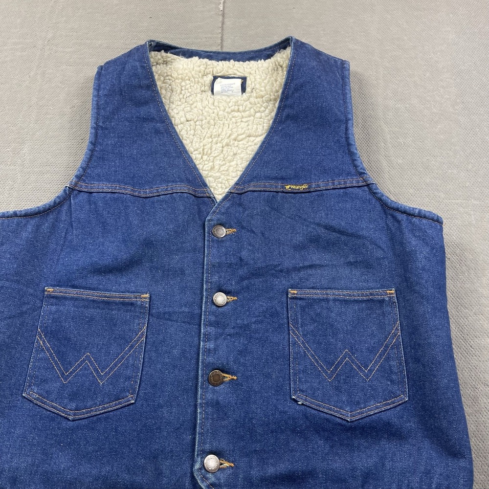 Vintage Wrangler Denim Vest‎ Mens Large Blue Sherpa Lined Button Up USA - Picture 4 of 11